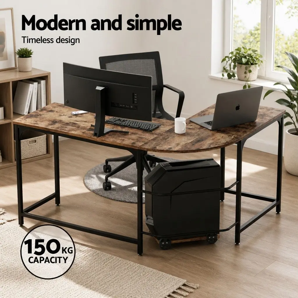 L-Shape Computer Desk Corner Office Workstation Study Table Brown 147cm