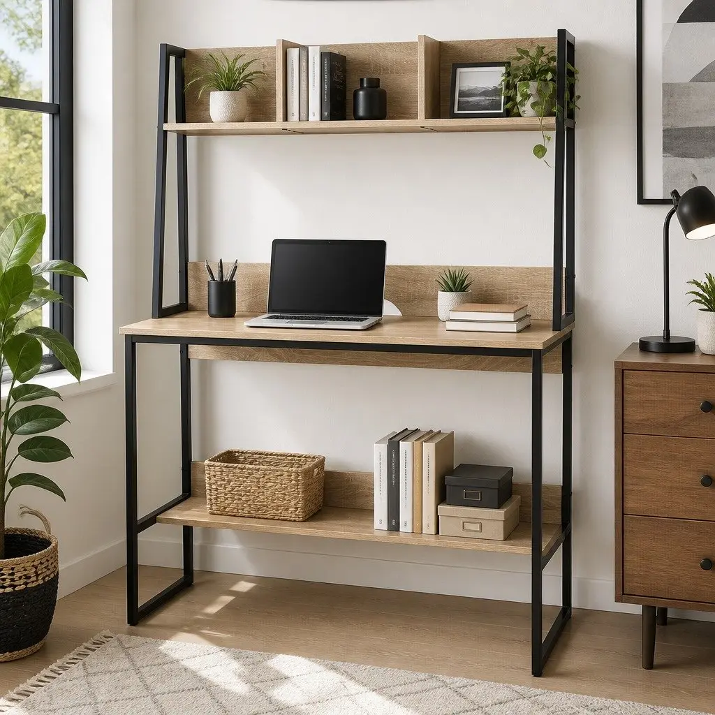 Computer Desk with Bookshelf Storage 100CM Oak Workstation Small Space Home Office