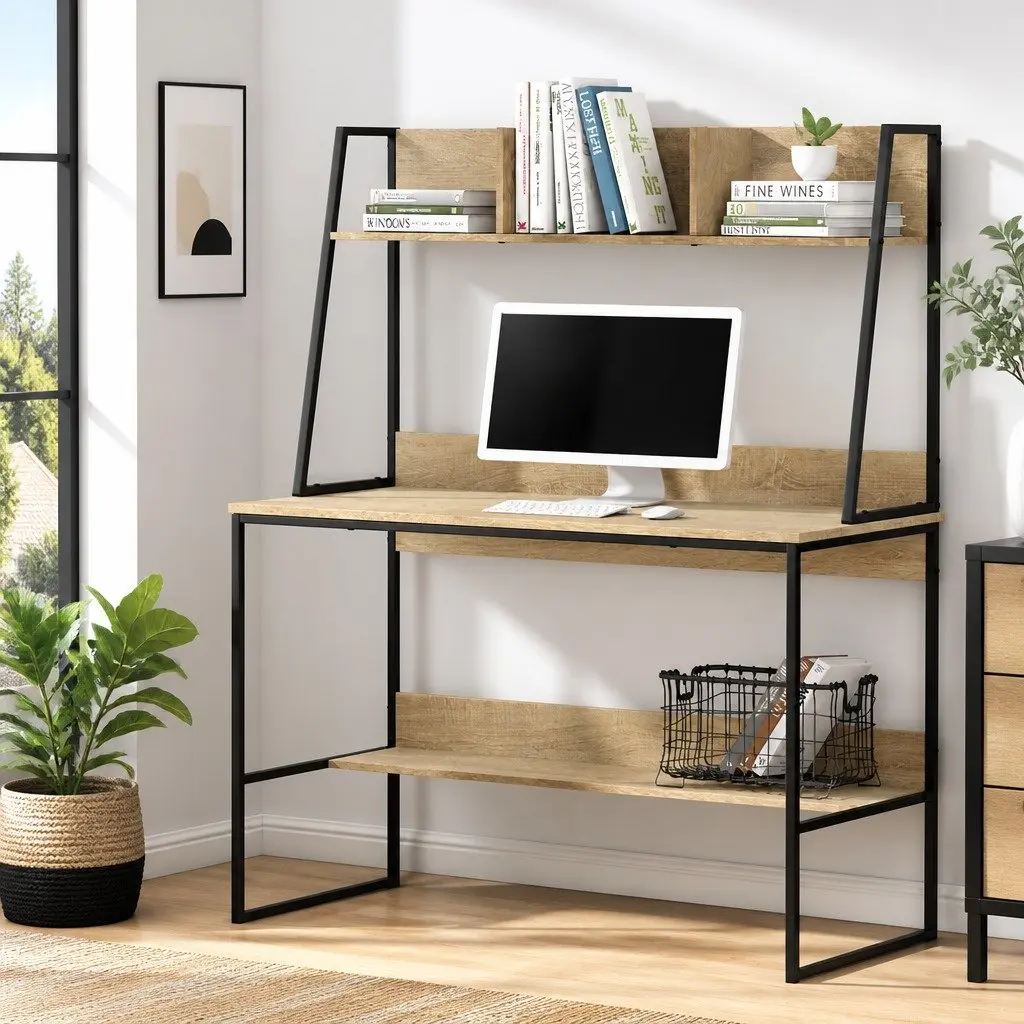 Computer Desk with Bookshelf Storage 100CM Oak Workstation Small Space Home Office
