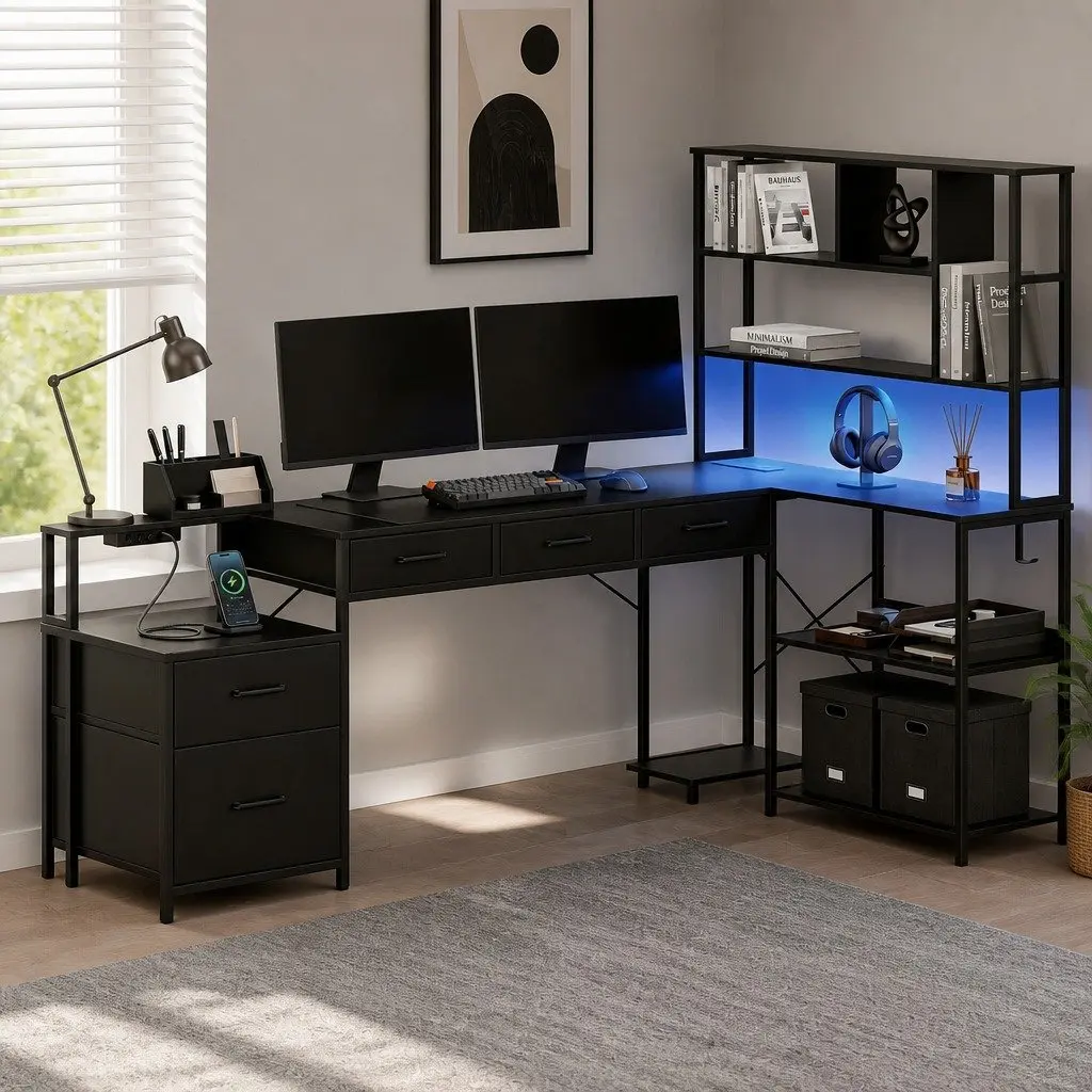 L Shaped Gaming Computer Desk 200cm with RGB LED Lights Power Outlets Storage