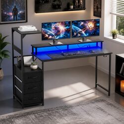 145cm L Shaped Gaming Desk Computer Workstation with RGB LED Lights Power