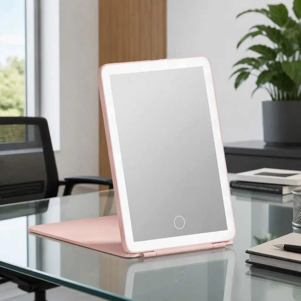 Compact LED Makeup Mirror Pink Portable Foldable Travel Beauty with Touch
