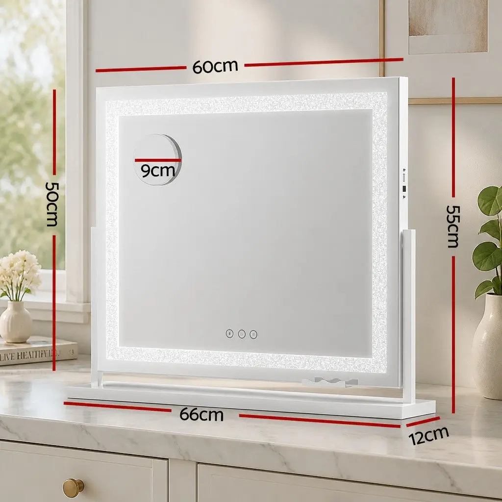 LED Makeup Mirror 60x50cm Crystal Lighted Vanity Mirror 360 Rotatable Tabletop White