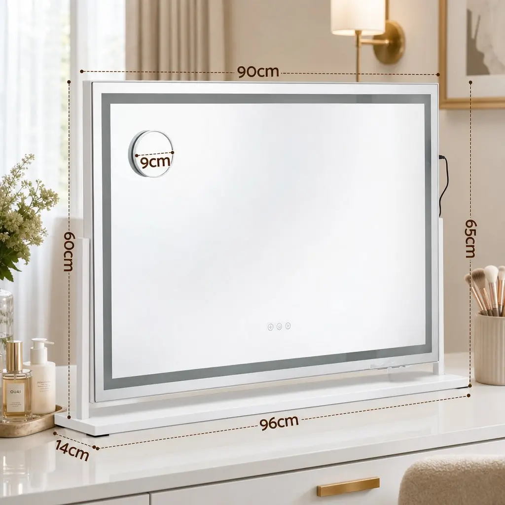 Makeup Mirror 90x60cm 360 Degree Rotatable with LED Lights and Phone Mount White