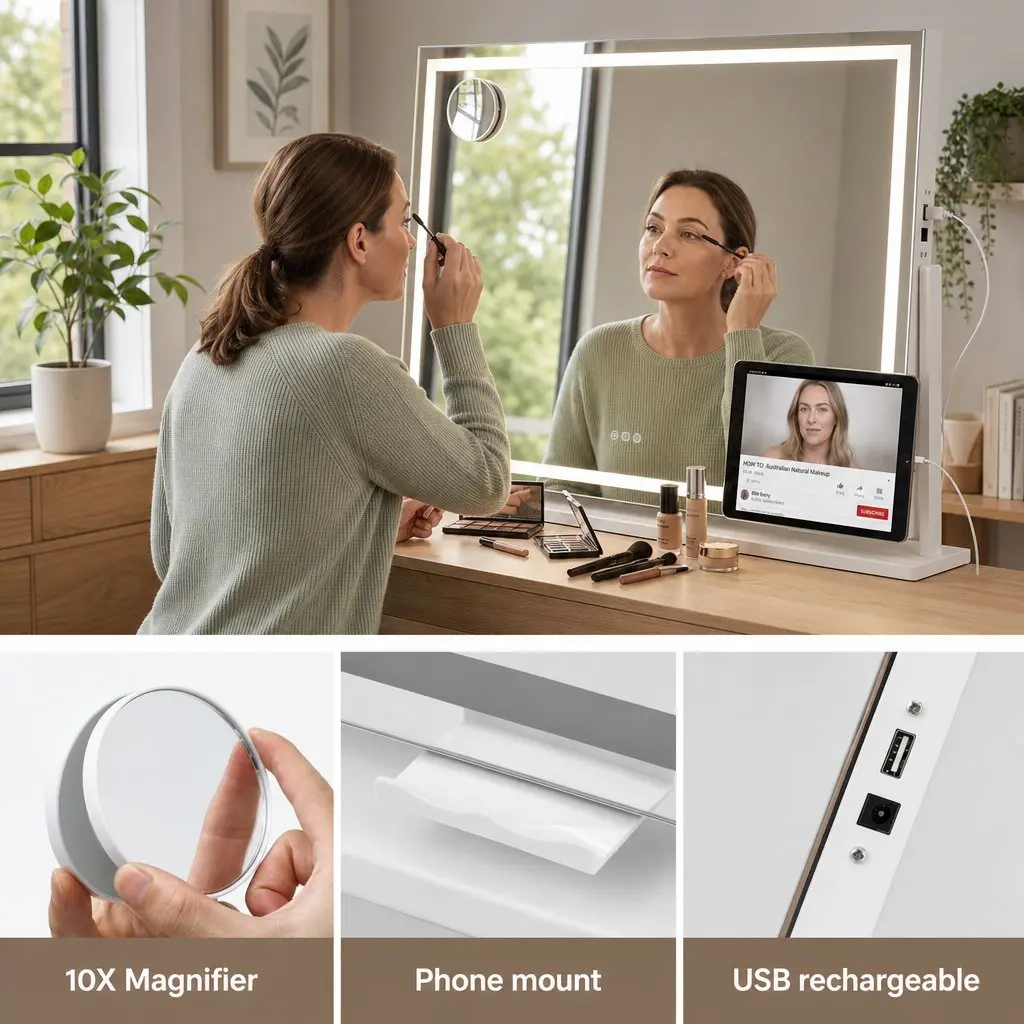 Makeup Mirror 90x60cm 360 Degree Rotatable with LED Lights and Phone Mount White