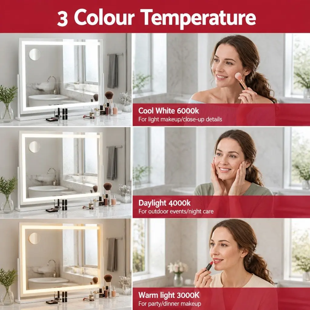 Makeup Mirror LED Light Touch Control 80x65cm White Frame Stand