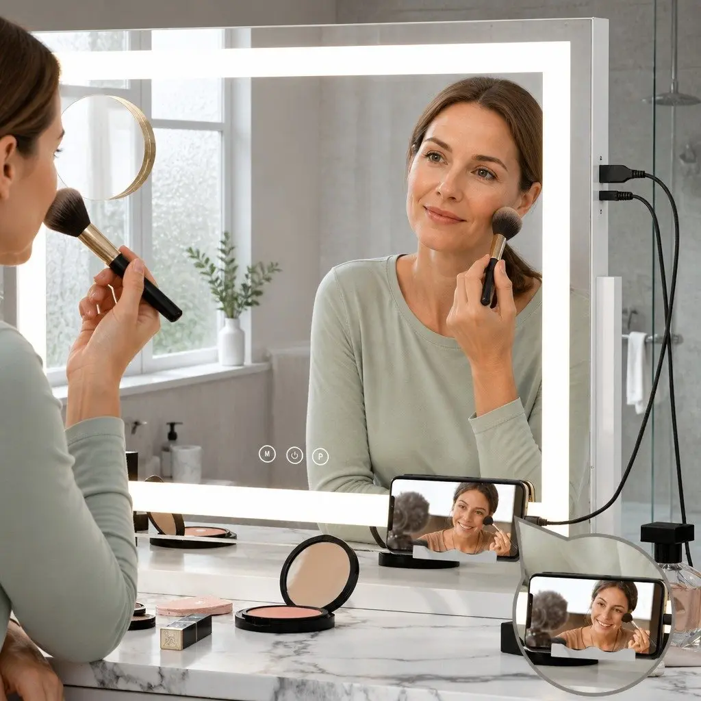 Makeup Mirror LED Light Touch Control 80x65cm White Frame Stand