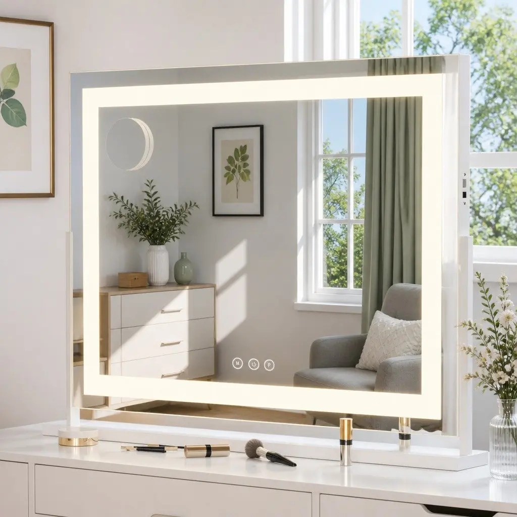 Makeup Mirror LED Light Touch Control 80x65cm White Frame Stand