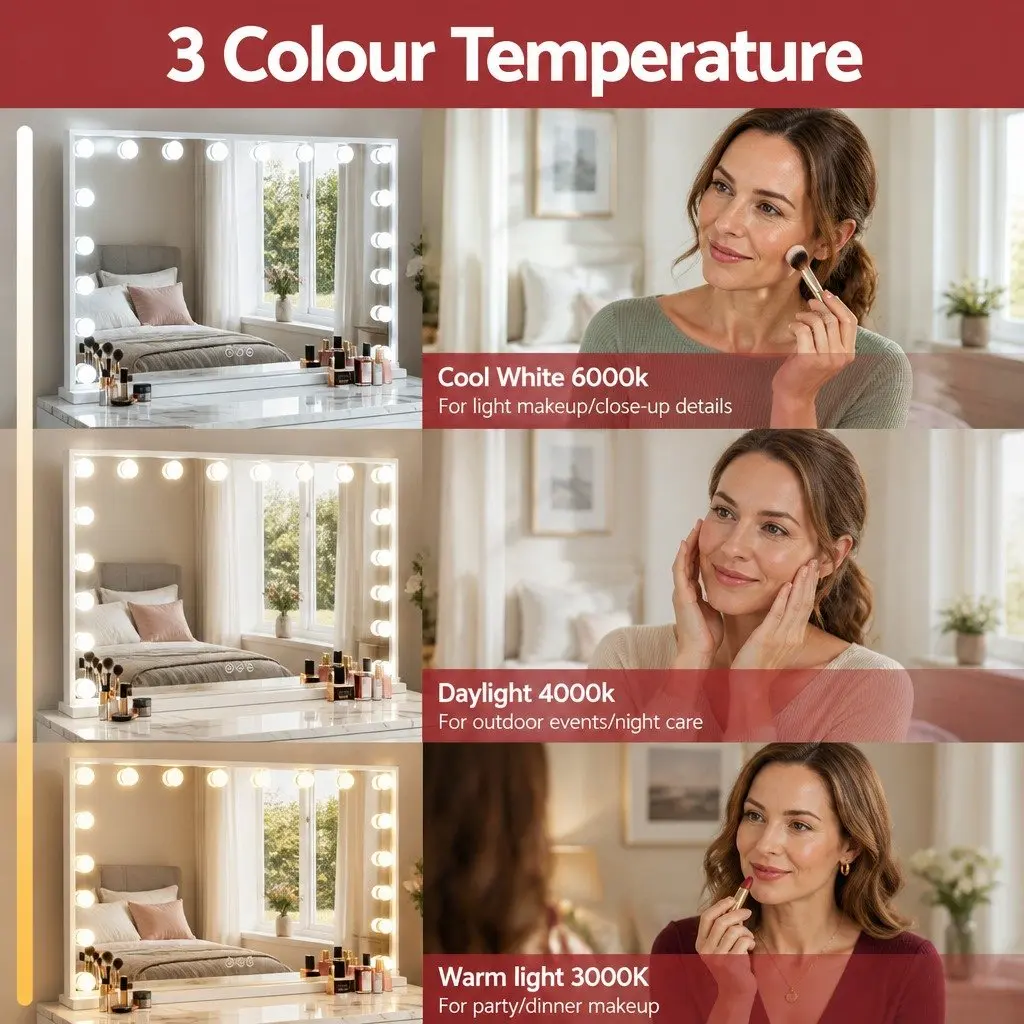 Makeup Mirror LED Light 80x58cm Touch Control Adjustable Brightness Three Colour Temperature Tabletop Wall Mount