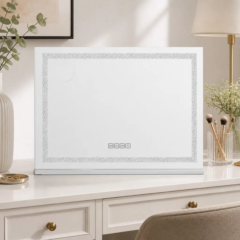 Lighted Makeup Mirror LED Crystal Light Strips 80x58cm White with Bluetooth Speaker