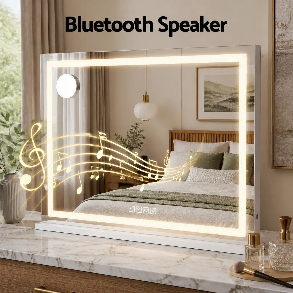 Lighted Makeup Mirror LED Crystal Light Strips 80x58cm White with Bluetooth Speaker