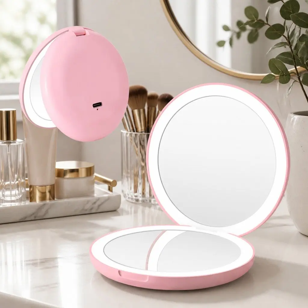 LED Compact Makeup Mirror 1x 10x Magnification Lighted Travel Pocket Pink Round