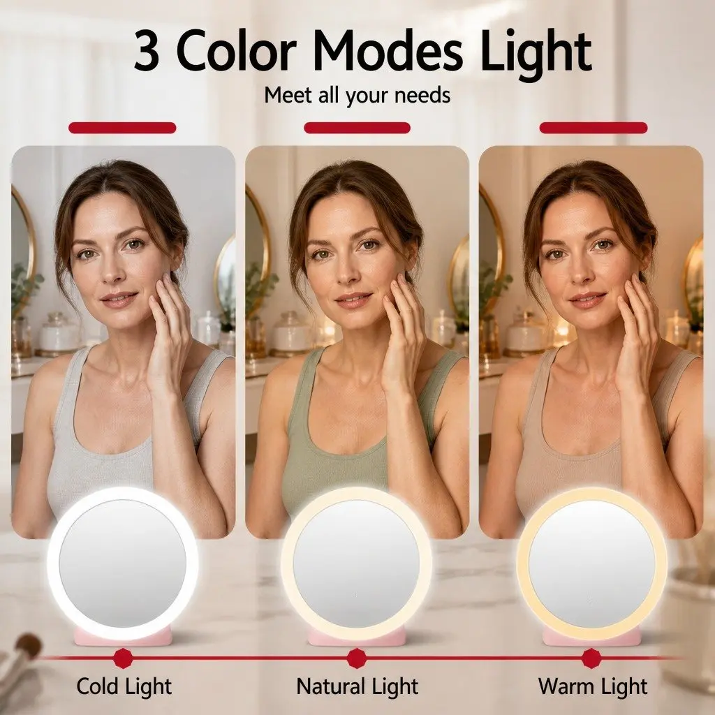 LED Makeup Mirror Dual-Sided Magnification 1x 10x Portable Lighted Pink Round