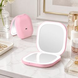 LED Compact Makeup Mirror 1x 10x Magnification Lighted Travel Pocket Square Pink
