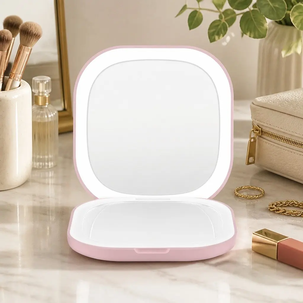 LED Makeup Mirror Dual Magnification Portable Lighted Square Pink