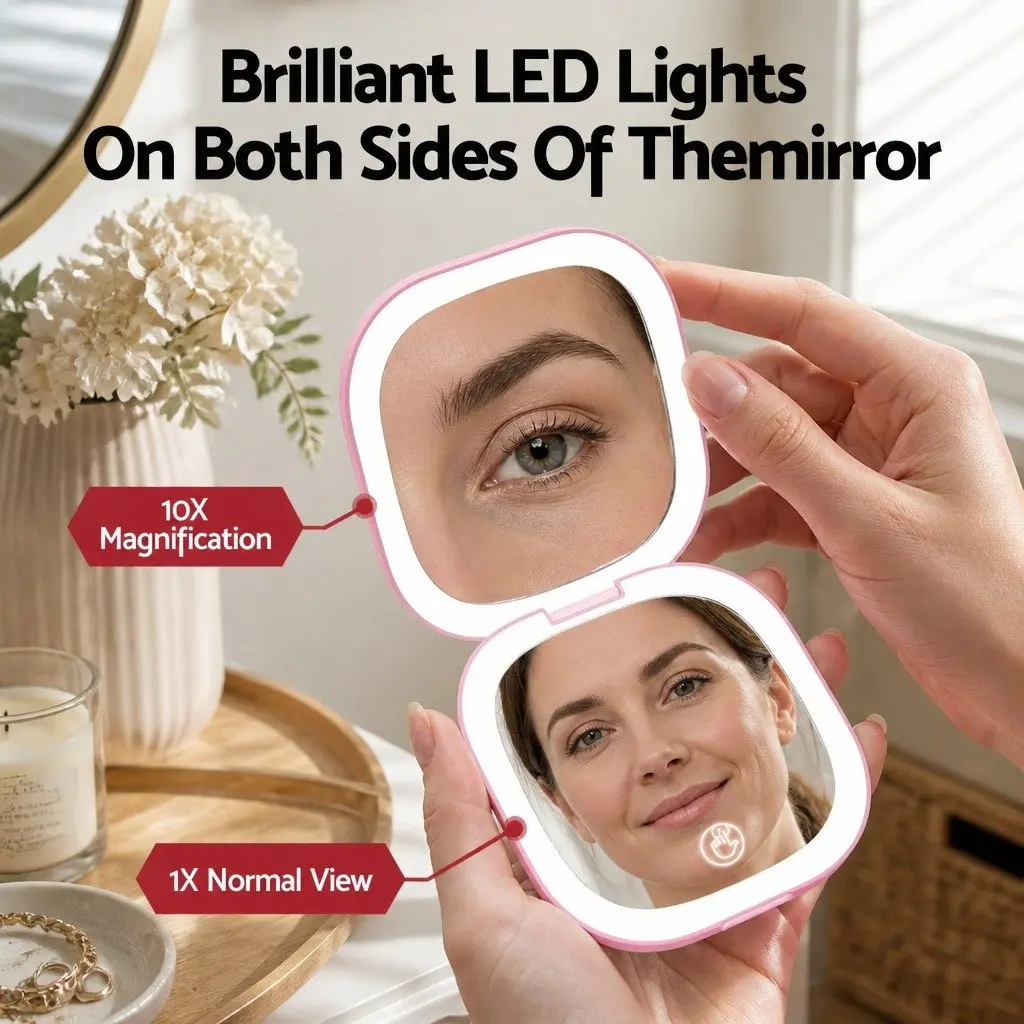 LED Makeup Mirror Dual Magnification Portable Lighted Square Pink