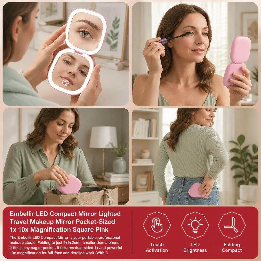 LED Makeup Mirror Dual Magnification Portable Lighted Square Pink