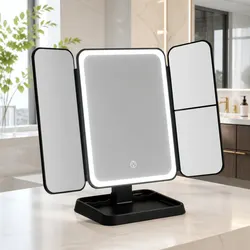 LED Makeup Mirror Tri-fold Lighted Vanity with 1X 2X 3X Magnifications Touch