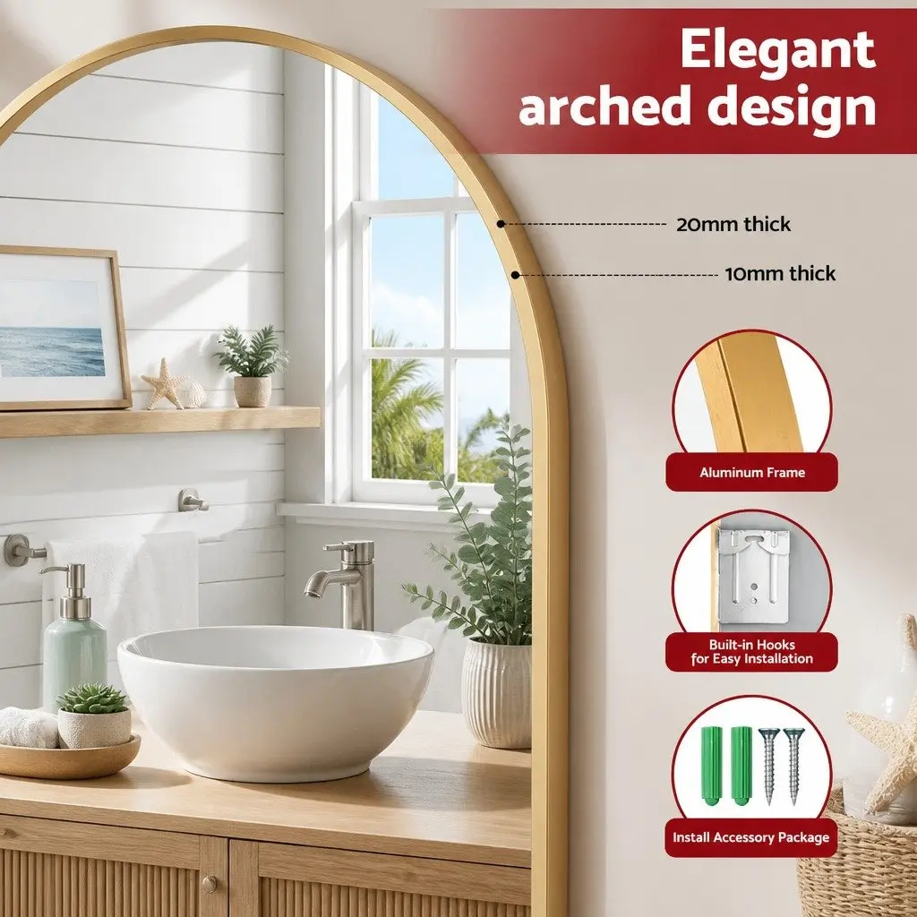 Arched Wall Mirror High Definition Glass 86x50cm Gold Frame Bathroom Vanity Decor