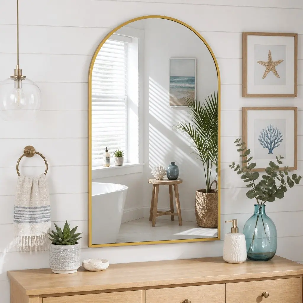 Arched Wall Mirror High Definition Glass 86x50cm Gold Frame Bathroom Vanity Decor