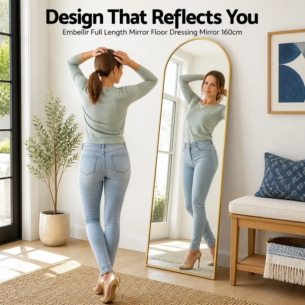 Full Length Mirror Floor Standing Arched Dressing 160cm Gold Frame Bedroom