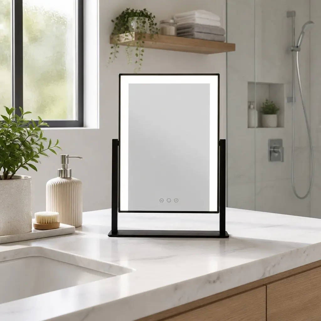 Makeup Mirror LED Light Touch Control 25x30cm Black Hollywood Vanity Rotatable