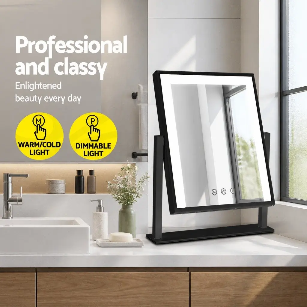 Makeup Mirror LED Light Touch Control 25x30cm Black Hollywood Vanity Rotatable