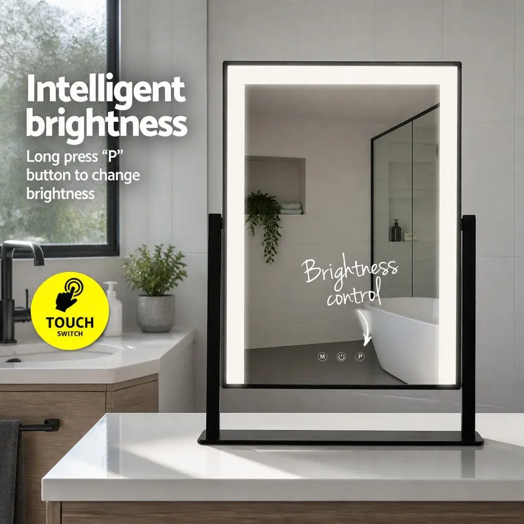 Makeup Mirror LED Light Touch Control 25x30cm Black Hollywood Vanity Rotatable