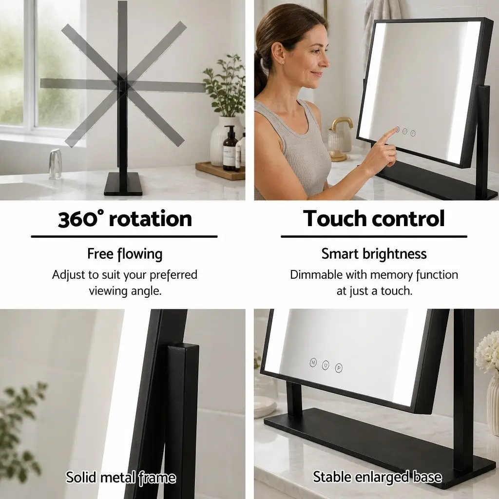 Makeup Mirror LED Light Touch Control 25x30cm Black Hollywood Vanity Rotatable