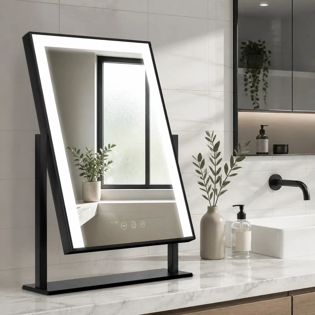 Makeup Mirror LED Light Touch Control 25x30cm Black Hollywood Vanity Rotatable