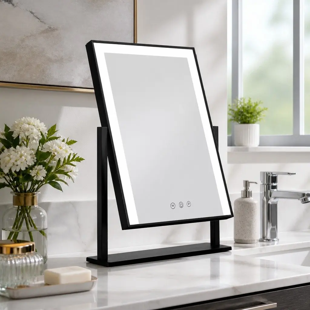 Makeup Mirror LED Light Touch Control 25x30cm Black Hollywood Vanity Rotatable