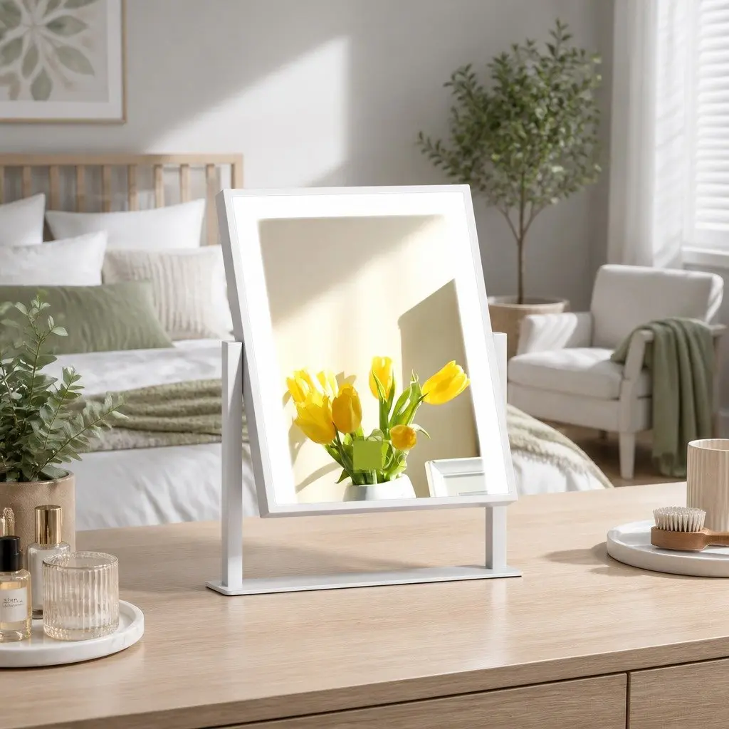 Standing Makeup Mirror 25x30cm LED Light Hollywood Vanity Rotation Touch White
