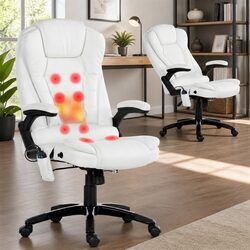 8 Point Massage Office Chair Heated Seat Recliner White High Back PU Leather