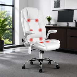 8 Point Massage Office Chair High Back Vibration White PU Leather Work Seat