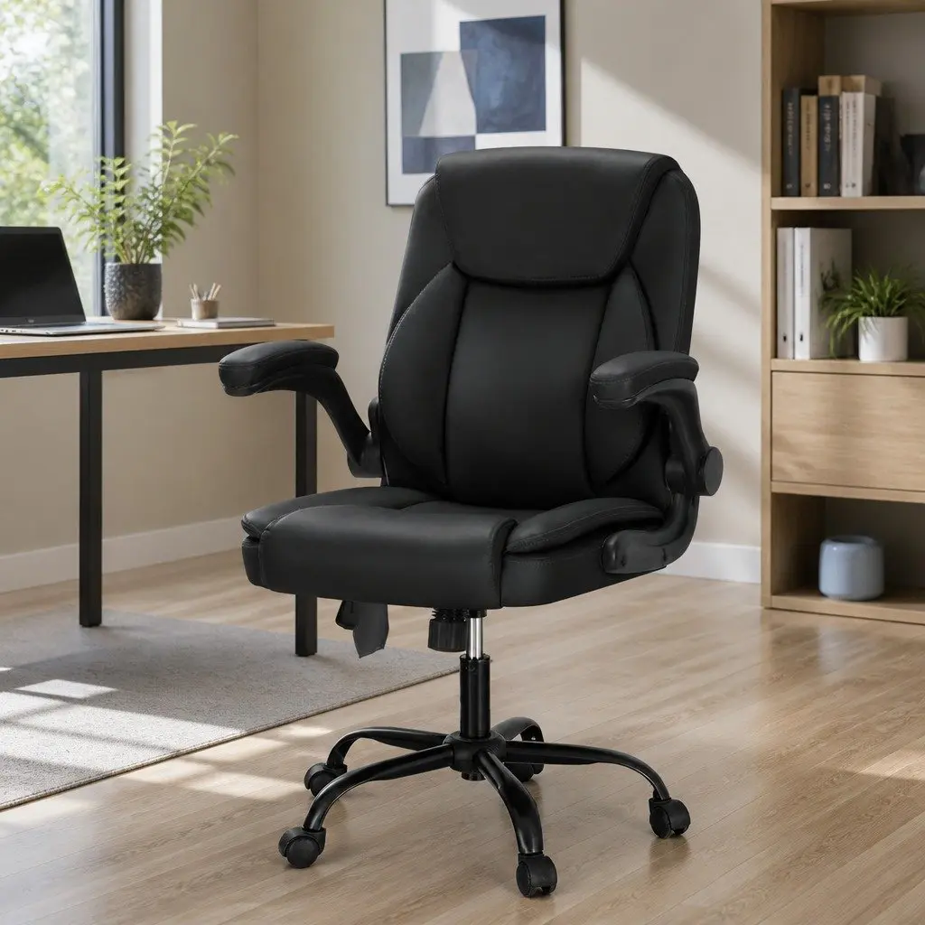 Massage Office Chair Mid Back Faux Leather Lumbar 2-Point Vibration Black Swivel
