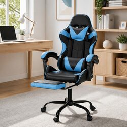 Massage Gaming Office Chair with Footrest Cyan Blue Ergonomic Reclining Seat