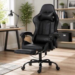 Massage Gaming Office Chair 6 Point Vibration Black Ergonomic Reclining Footrest
