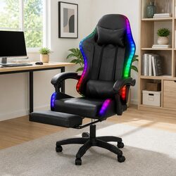 Massage Gaming Office Chair 6 Point Vibration 7 LED Footrest Black Recliner