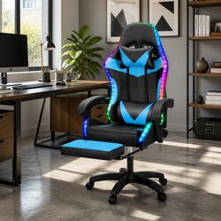 Gaming Office Chair 6 Point Massage Vibration High Back LED Footrest Cyan