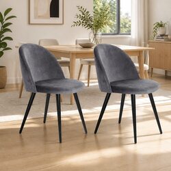 Dining Chairs Set of 2 Velvet Curved Seat Dark Grey Iron Legs Modern Stylish