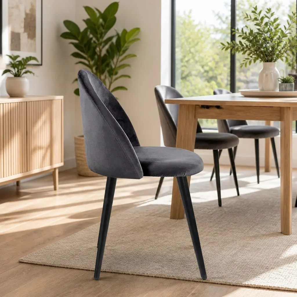 Dining Chairs Set of 2 Velvet Curved Seat Dark Grey Iron Legs Modern Stylish