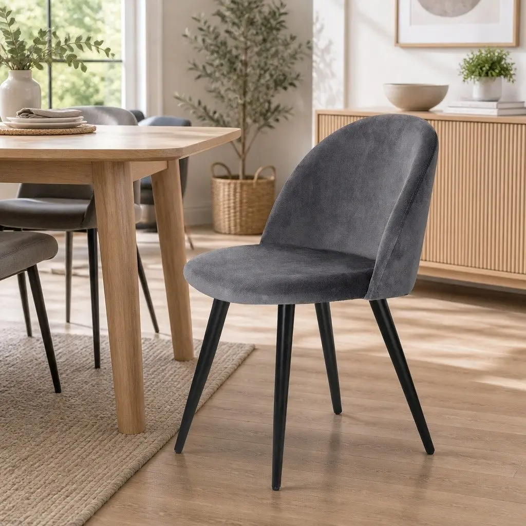 Dining Chairs Set of 2 Velvet Curved Seat Dark Grey Iron Legs Modern Stylish