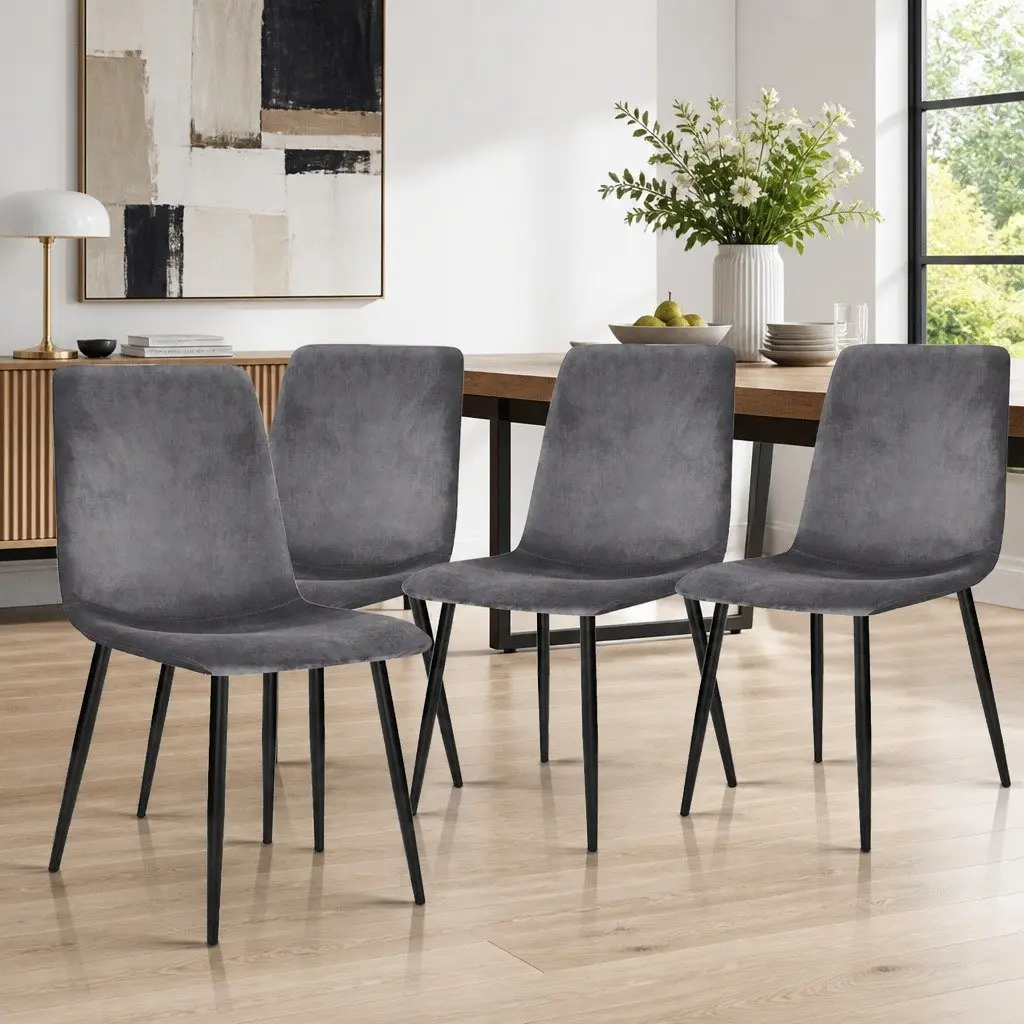 Dining Chairs Set of 4 Grey Velvet Modern Design Iron Frame Kitchen Seating