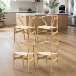 Dining Chairs Set of 4 Wooden Frame Wishbone Back Kitchen Seating Natural Oak
