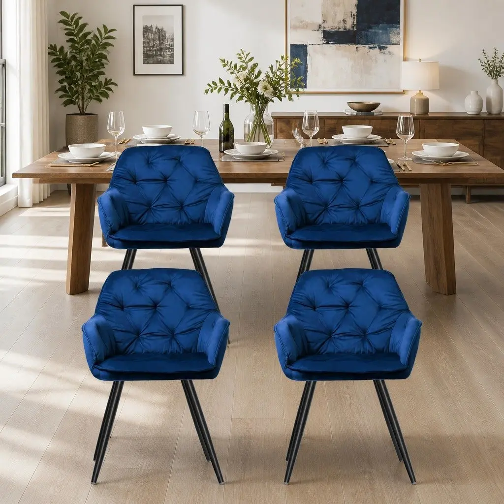 Dining Chairs Velvet Armchair Set of 4 Navy Blue Tufted Kitchen Seat