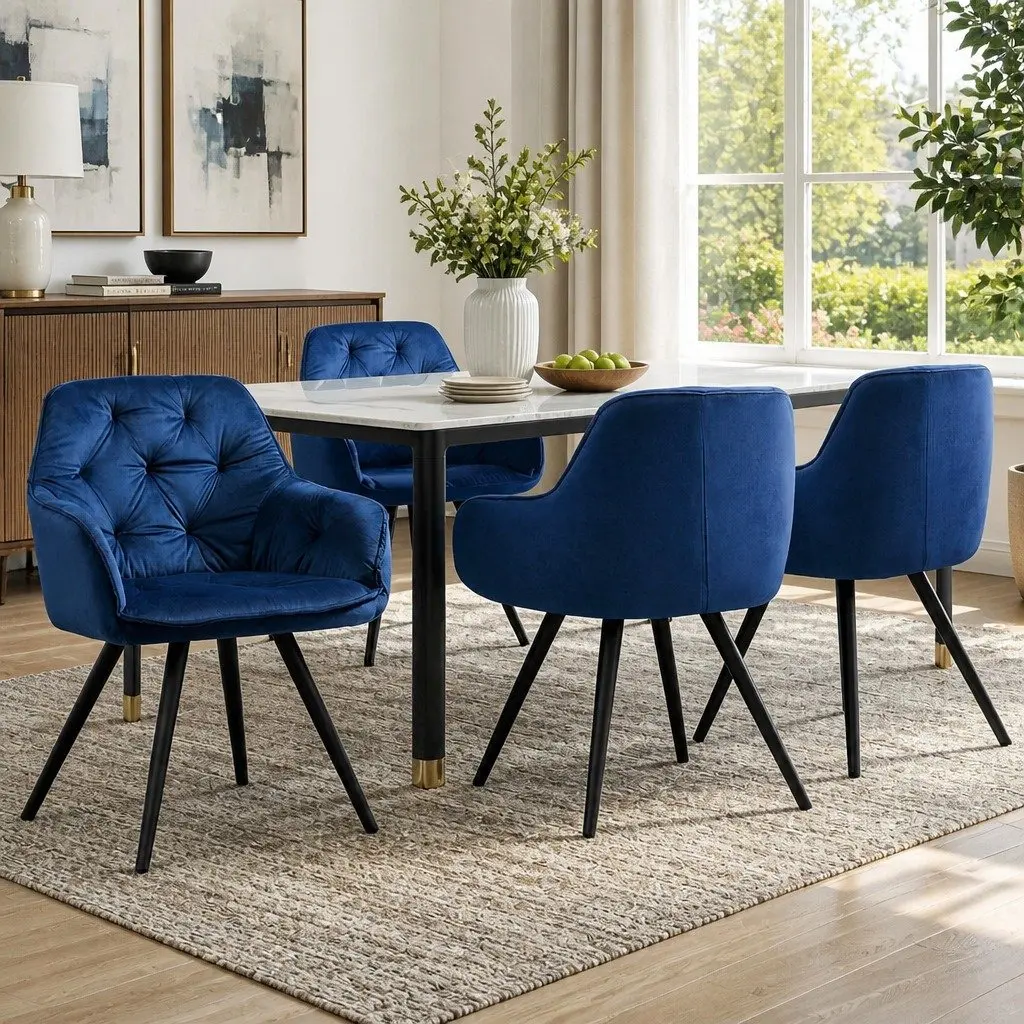 Dining Chairs Velvet Armchair Set of 4 Navy Blue Tufted Kitchen Seat