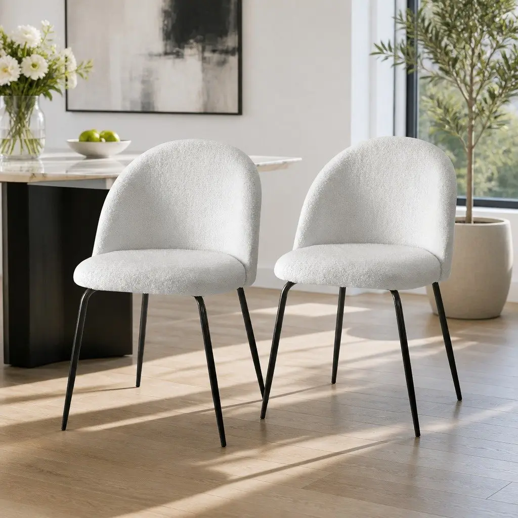 Dining Chairs Set of 2 White Sherpa Boucle Upholstered Winged Backrest Seats