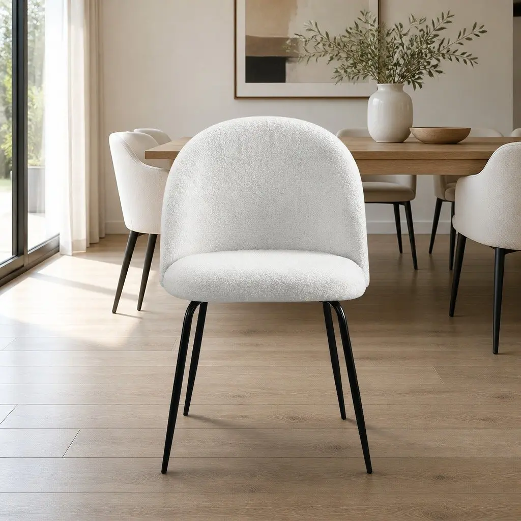Dining Chairs Set of 2 White Sherpa Boucle Upholstered Winged Backrest Seats