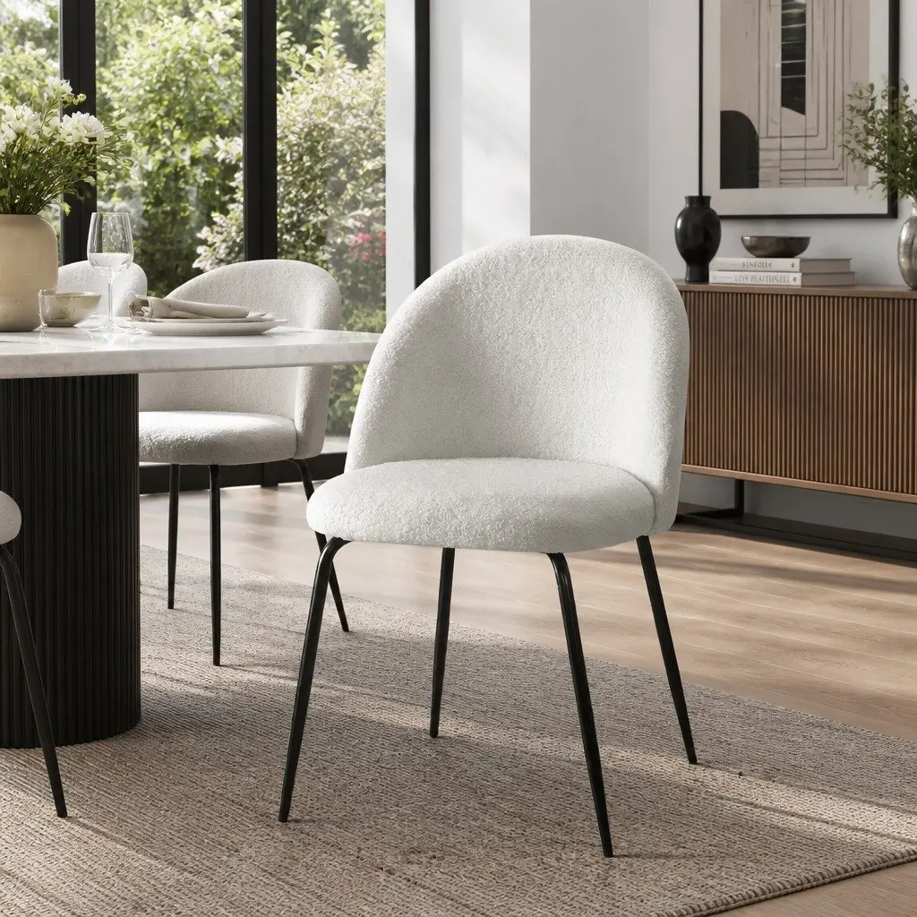 Dining Chairs Set of 2 White Sherpa Boucle Upholstered Winged Backrest Seats