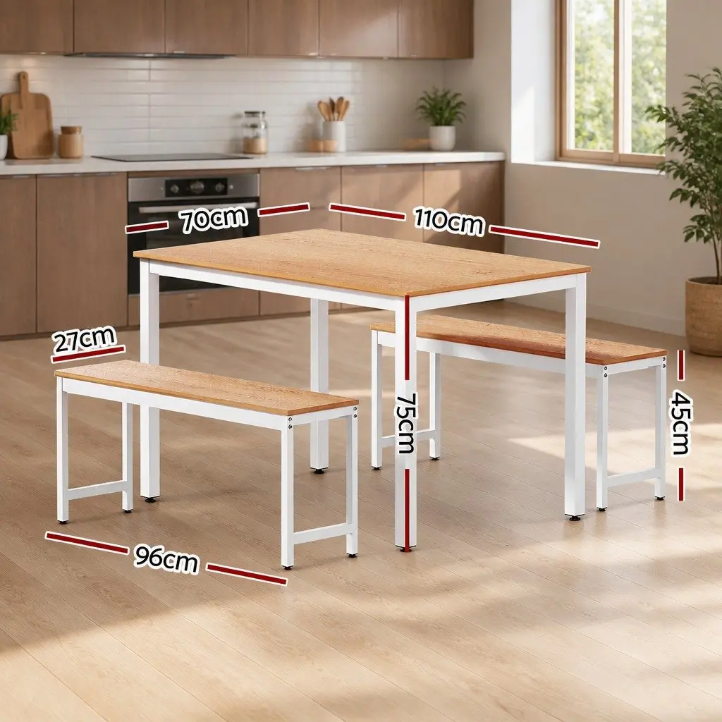 Dining Table and Benches Set 3PCS Rectangular Metal Legs Natural and White